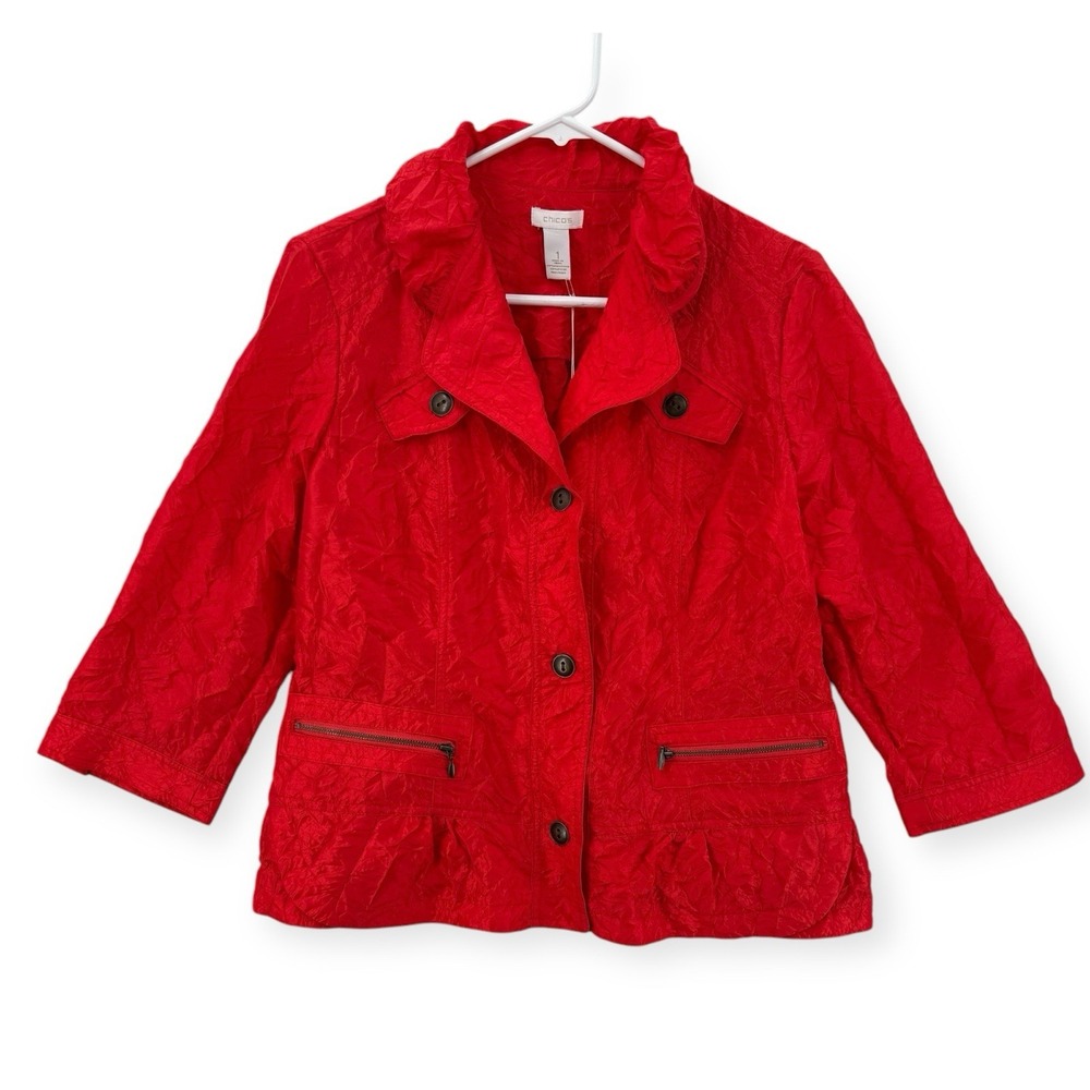 Chico's Crinkle‎ Sheen Shaya Jacket Womens 1 Plus Collar 3/4 Sleeve Red NWT